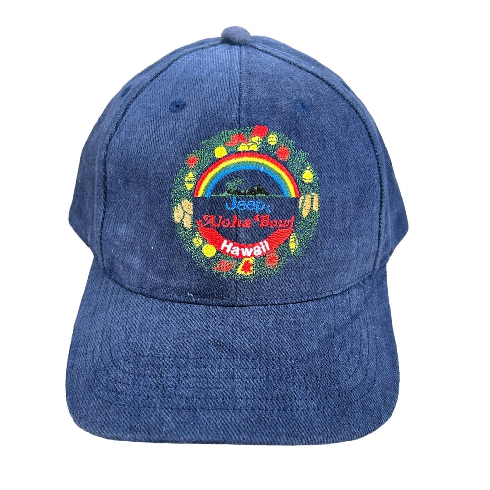 VTG Aloha Bowl Hat Hawaii‎ Jeep Christmas Day Snap Back Twill 90s Blue Ball Cap